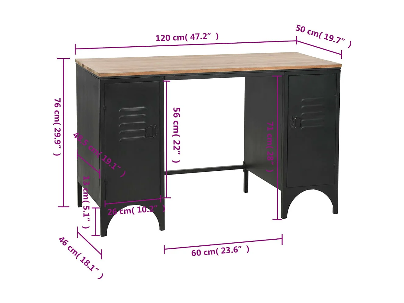 Bureau à double piédestal Bois de sapin et acier 120x50x76 cm