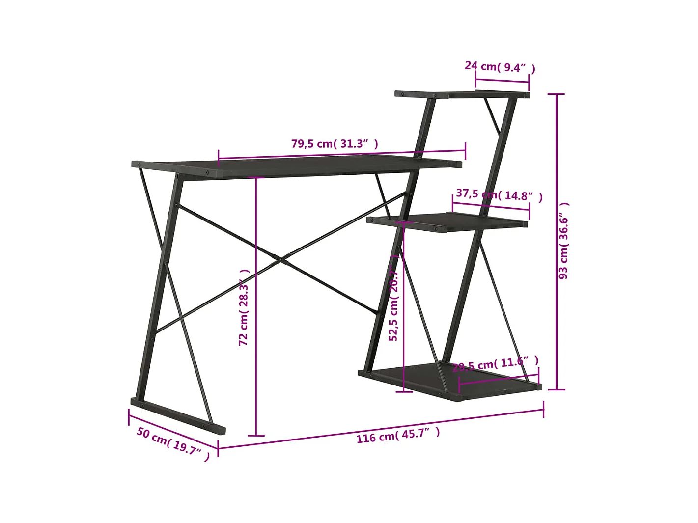 Bureau met schap 116x50x93 cm zwart