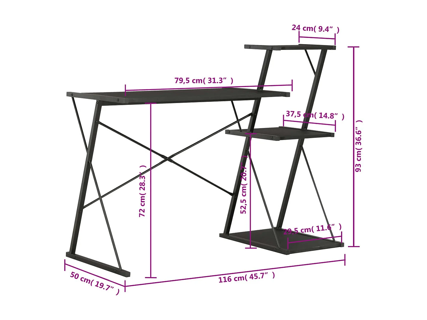 Bureau avec étagère Noir 116x50x93 cm
