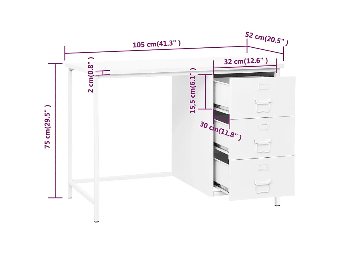 Bureau industriel avec tiroirs Blanc 105x52x75 cm Acier
