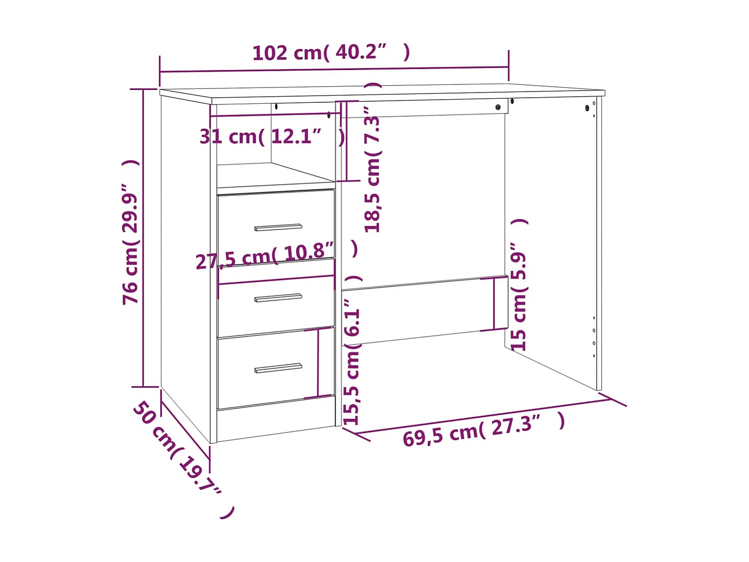 Bureau met lades 102x50x76 cm bewerkt hout hoogglans wit