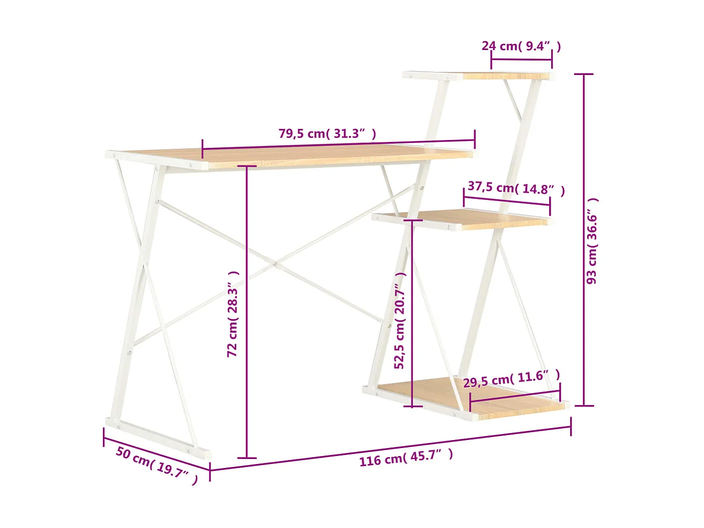 Schreibtisch mit Regal Weiß und Eiche 116×50×93 cm