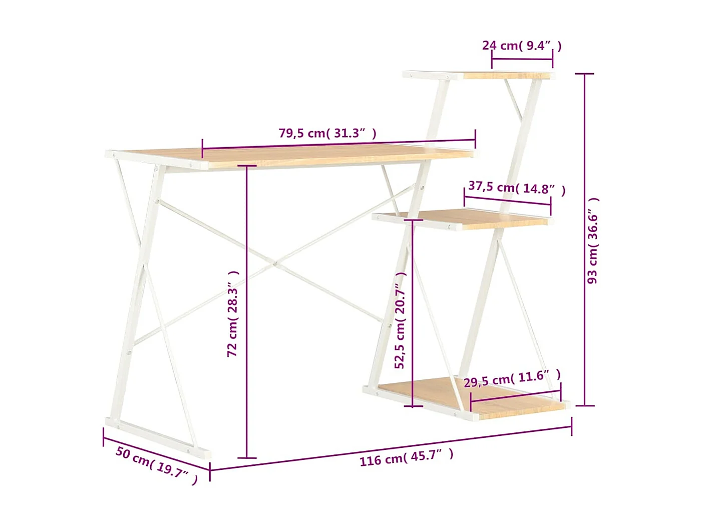 Bureau met schap 116x50x93 cm wit en eikenkleurig