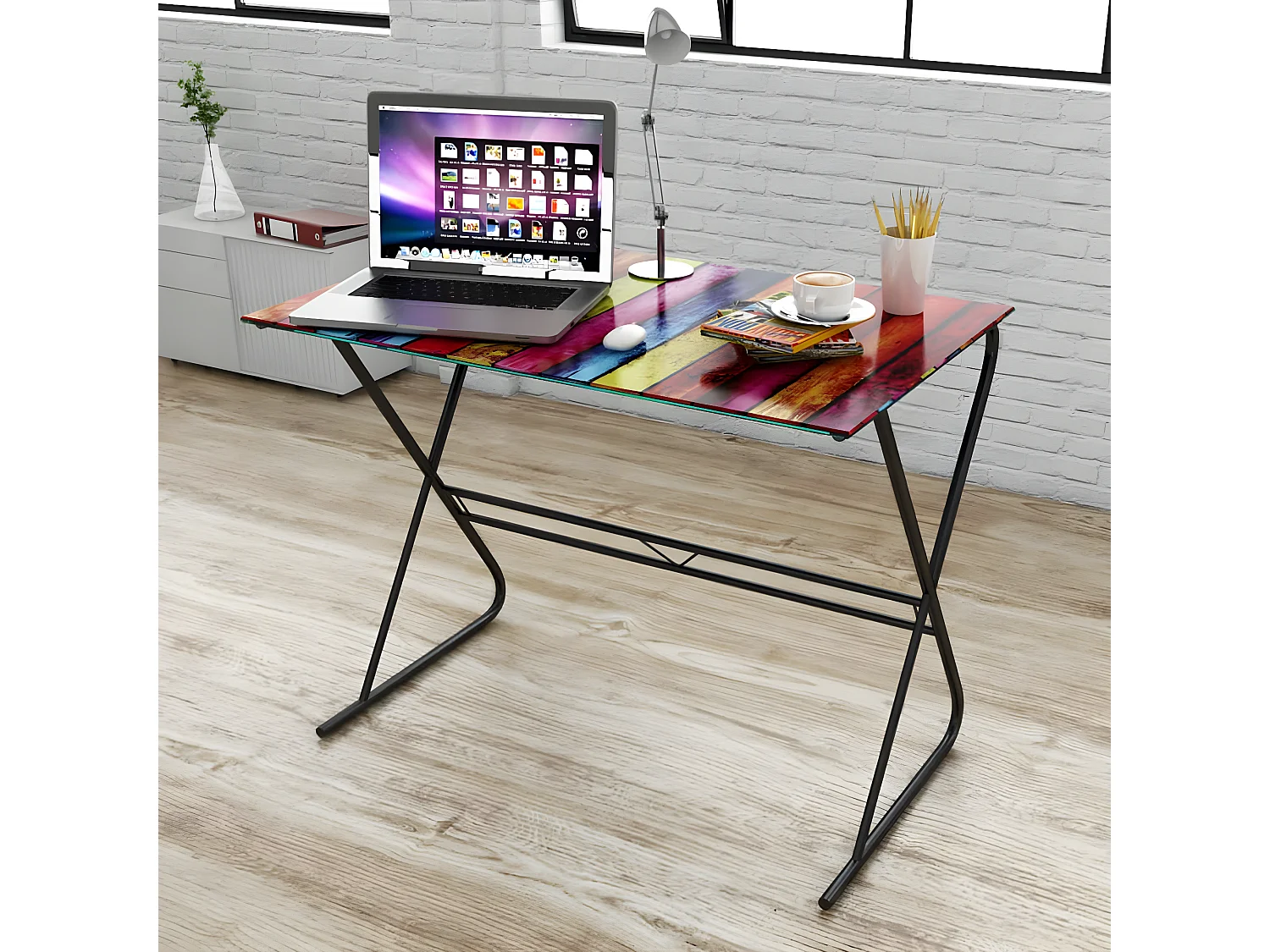 Bureau en verre à motif d'arc-en-ciel