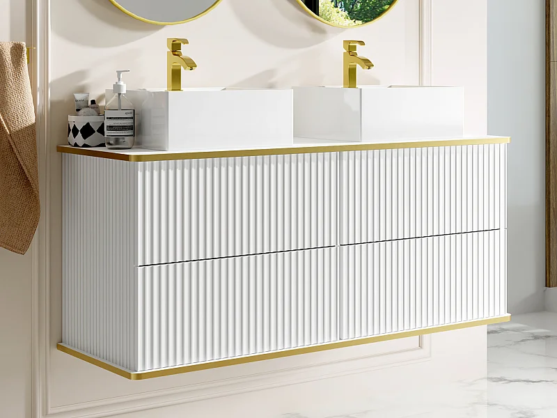 Meuble de salle de bain suspendu strié liseré doré avec double vasque à poser carrée - Blanc - 120 cm - KELIZA