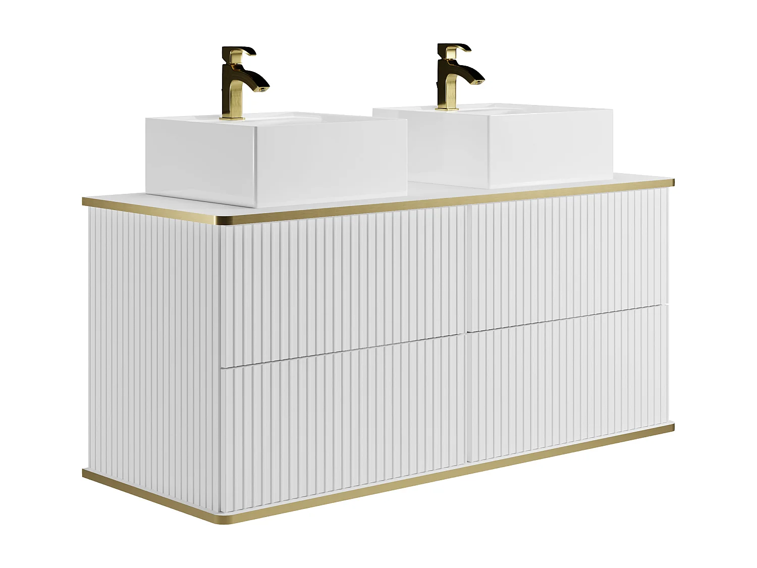 Meuble de salle de bain suspendu strié liseré doré avec double vasque à poser carrée - Blanc - 120 cm - KELIZA