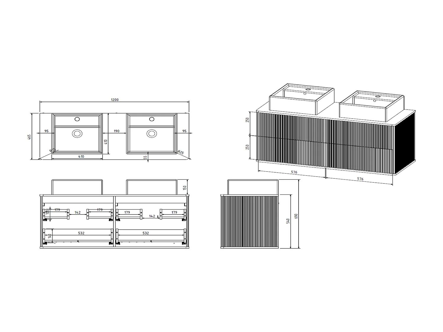 Meuble de salle de bain suspendu strié liseré doré avec double vasque à poser carrée - Blanc - 120 cm - KELIZA