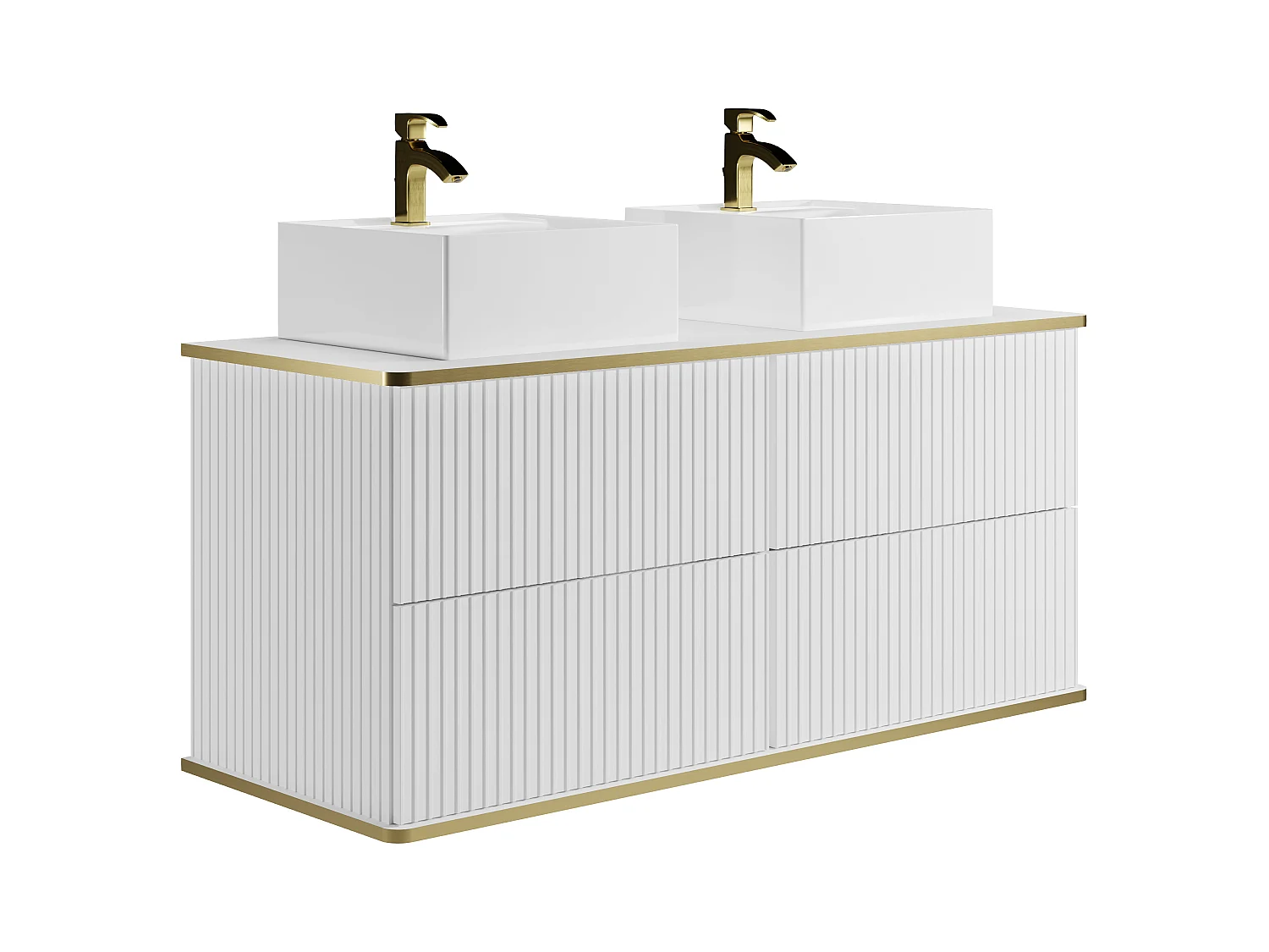 Waschbeckenunterschrank hängend mit Doppelaufsatzwaschbecken - Streifenoptik - Goldfarbene Umrandung - Weiß - 120 cm - KELIZA