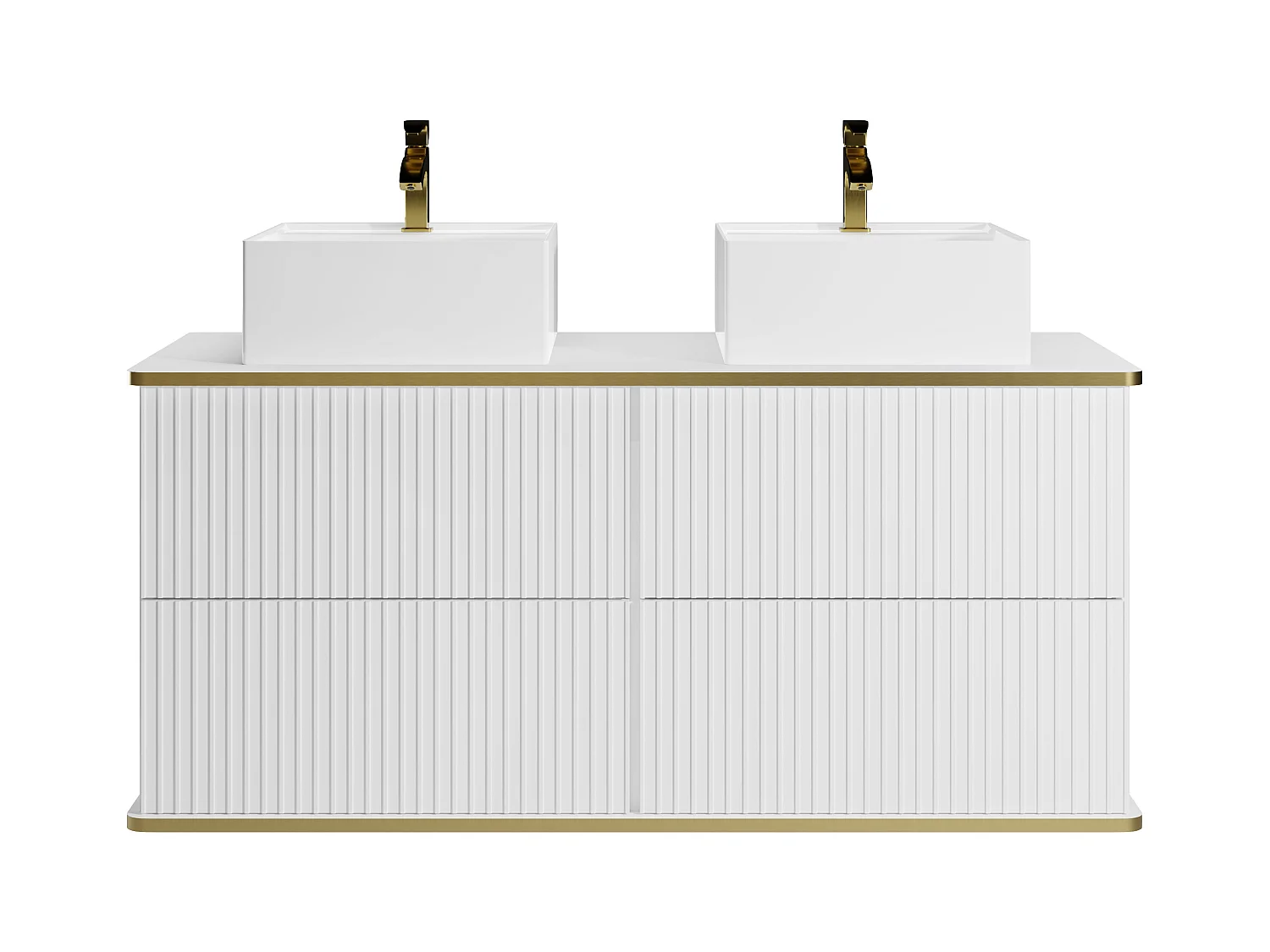 Waschbeckenunterschrank hängend mit Doppelaufsatzwaschbecken - Streifenoptik - Goldfarbene Umrandung - Weiß - 120 cm - KELIZA