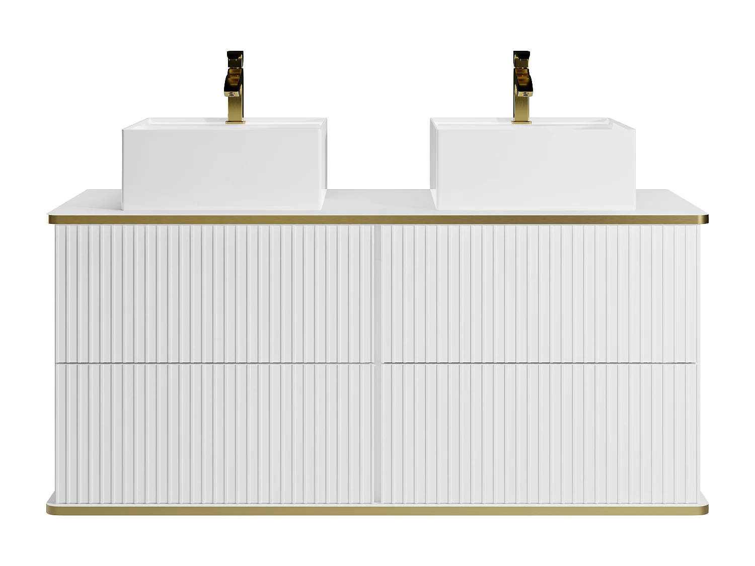 Meuble de salle de bain suspendu strié liseré doré avec double vasque à poser carrée - Blanc - 120 cm - KELIZA