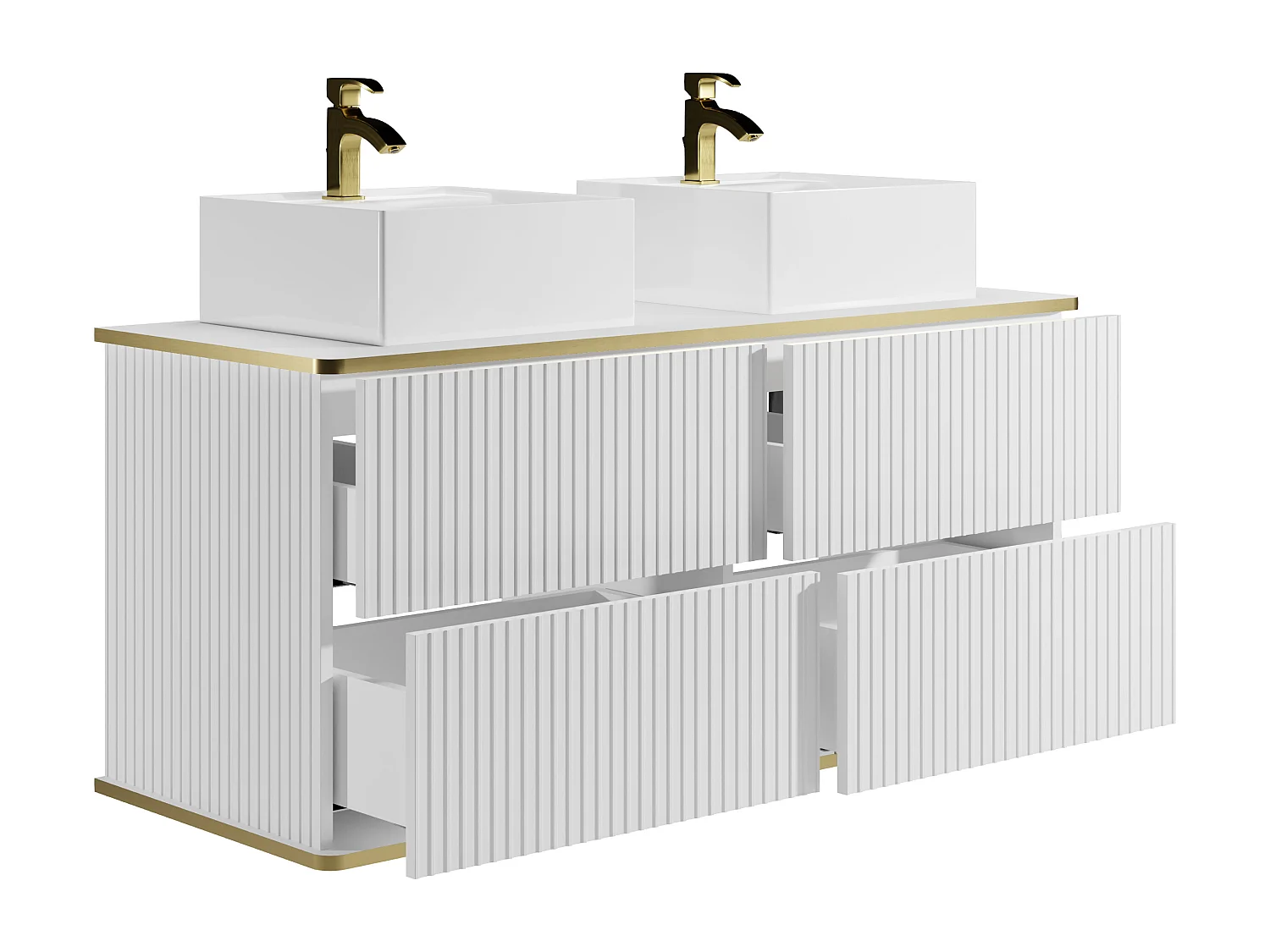 Meuble de salle de bain suspendu strié liseré doré avec double vasque à poser carrée - Blanc - 120 cm - KELIZA