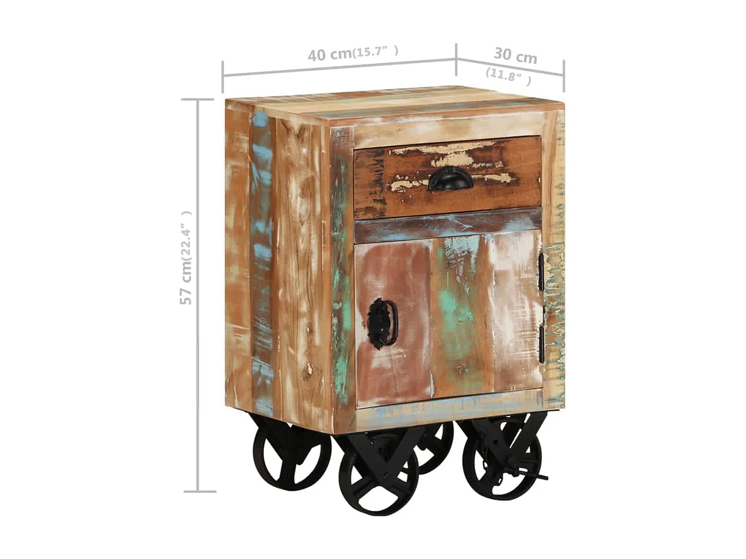 Nachtkastje met wieltjes 40x30x57 cm massief gerecycled hout
