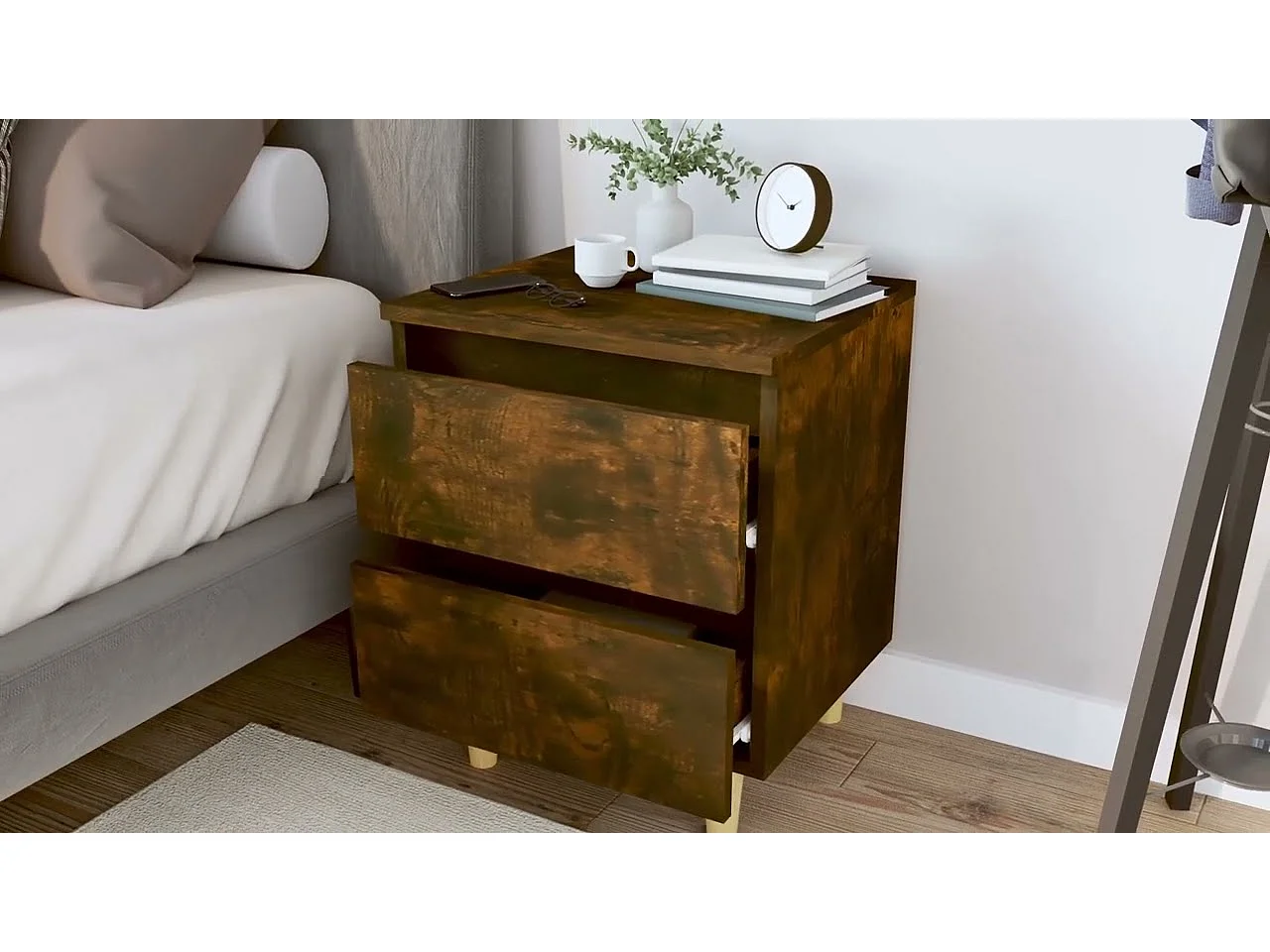 Tables de chevet et pieds en bois 2 pcs Chêne fumé 40x35x50 cm