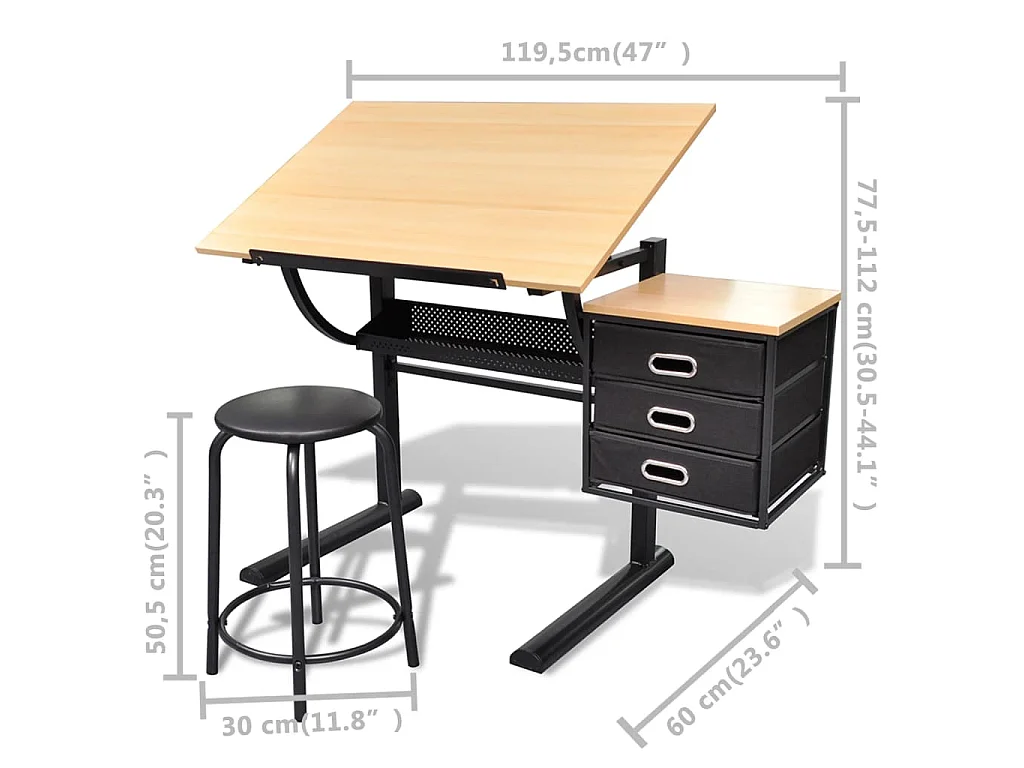 Table à dessin inclinable à 3 tiroirs avec tabouret