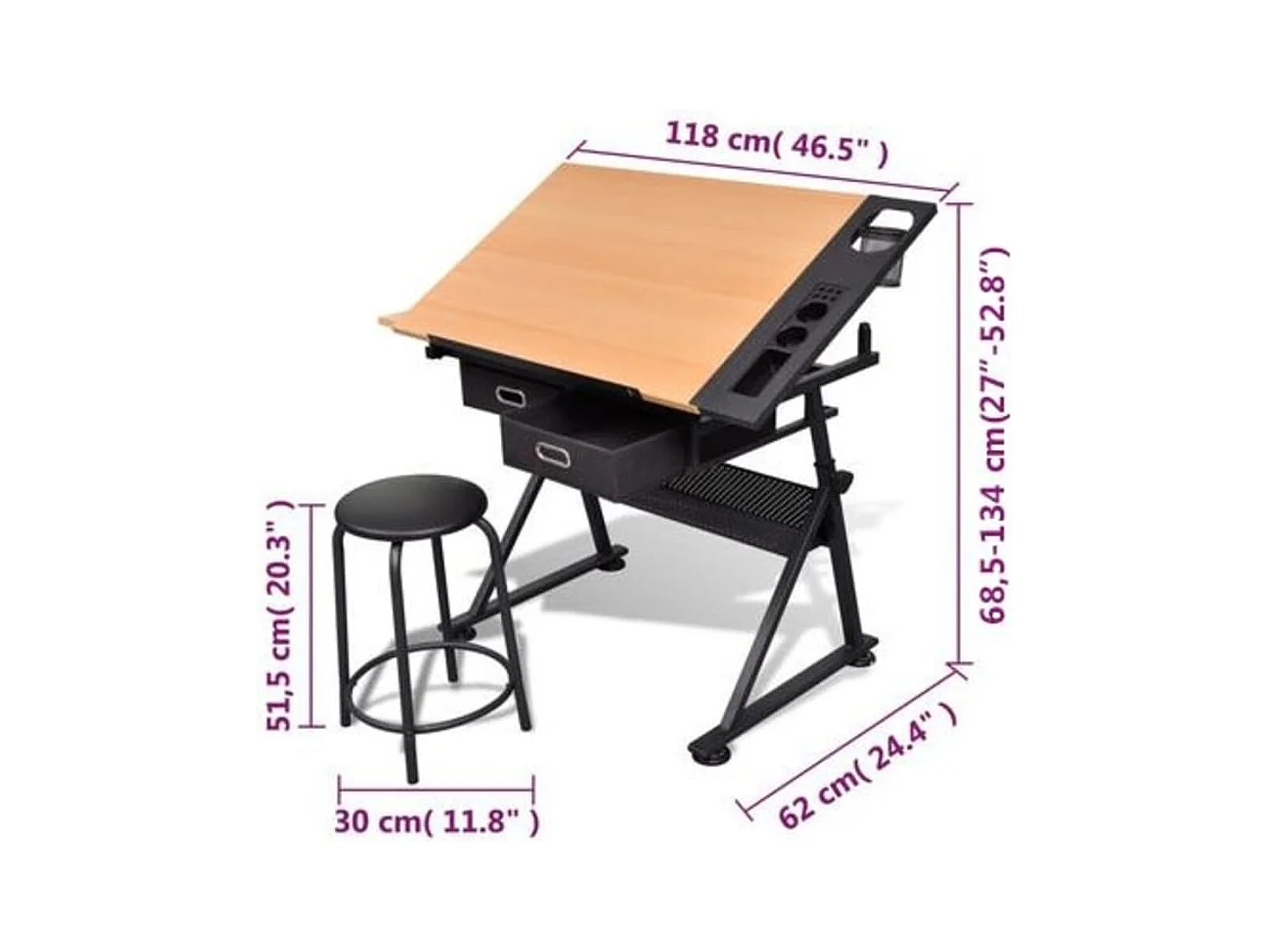 Mesa de dibujo inclinable con 2 cajones y taburete