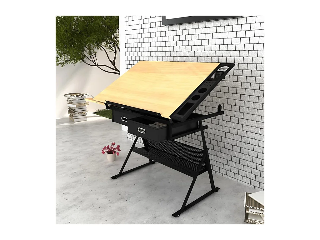 Mesa de dibujo inclinable con 2 cajones y taburete