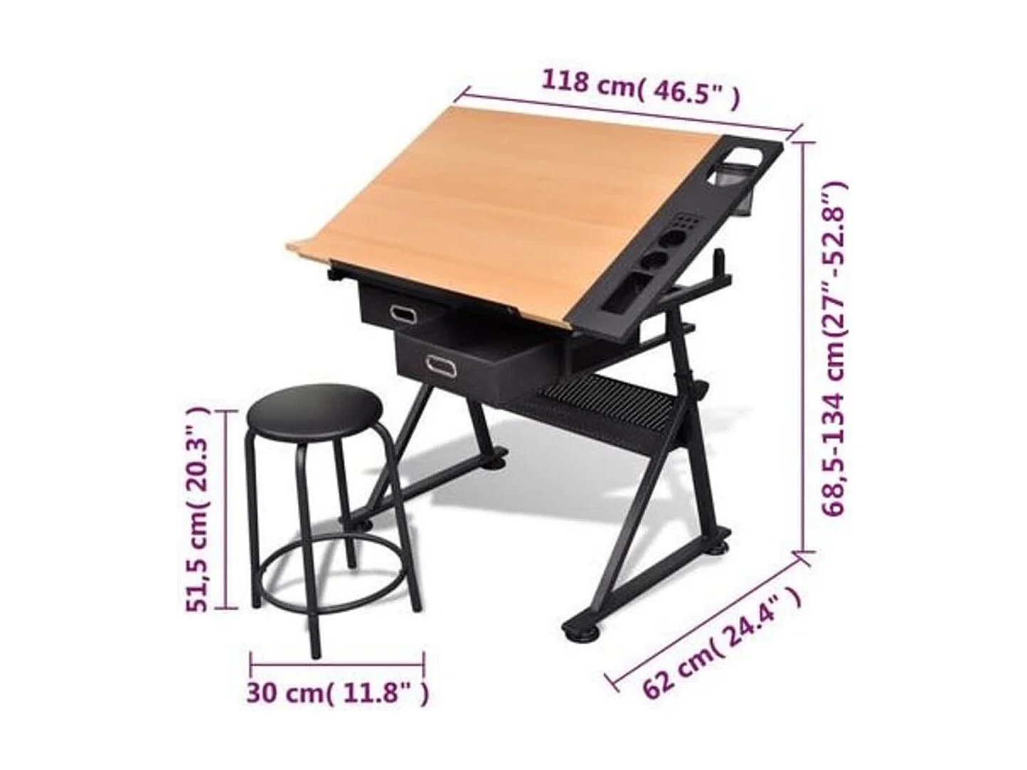Table à dessin inclinable 2 tiroirs et tabouret