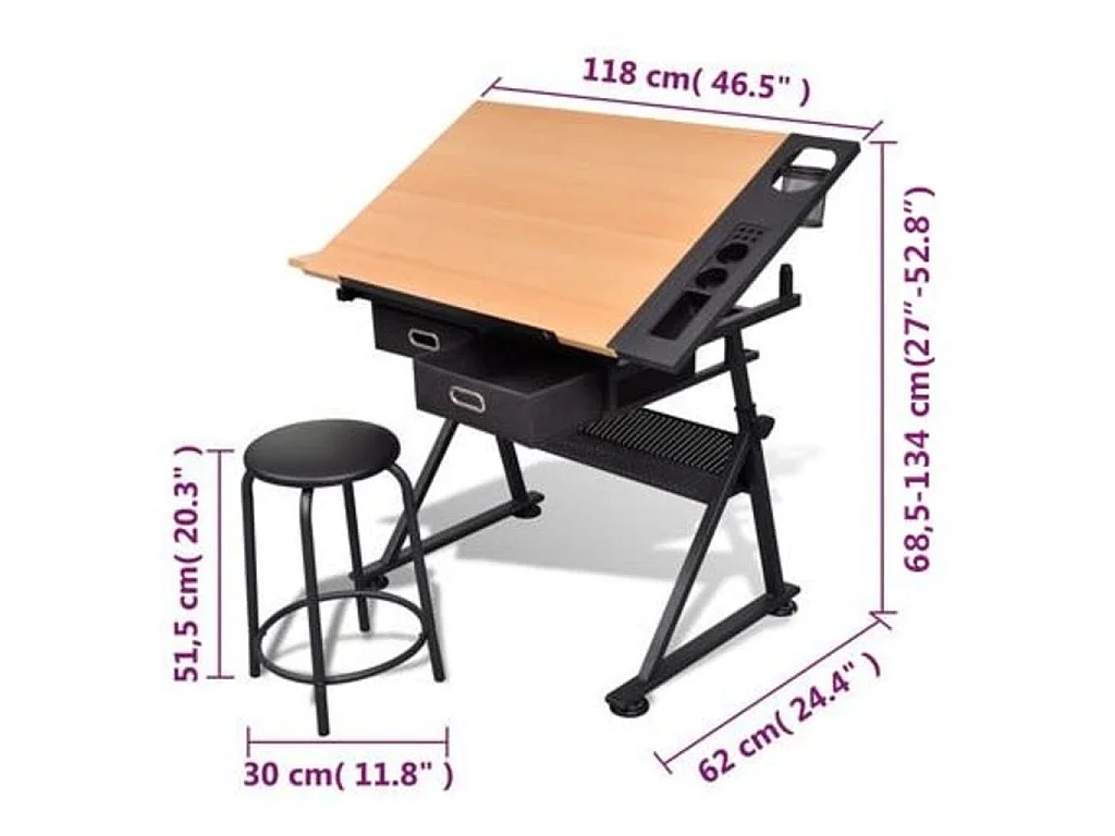 Tekentafel met 2 lades en kruk