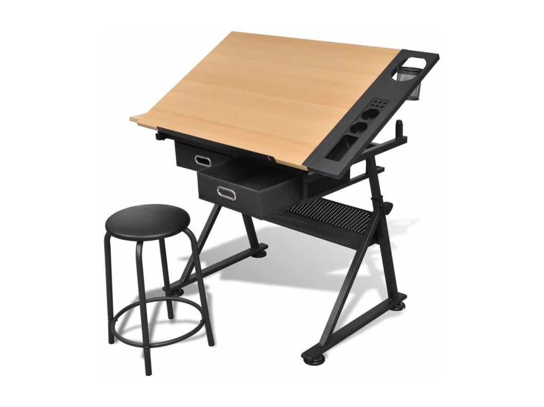 Mesa de desenho com tampo inclinável/banco/2 gavetas