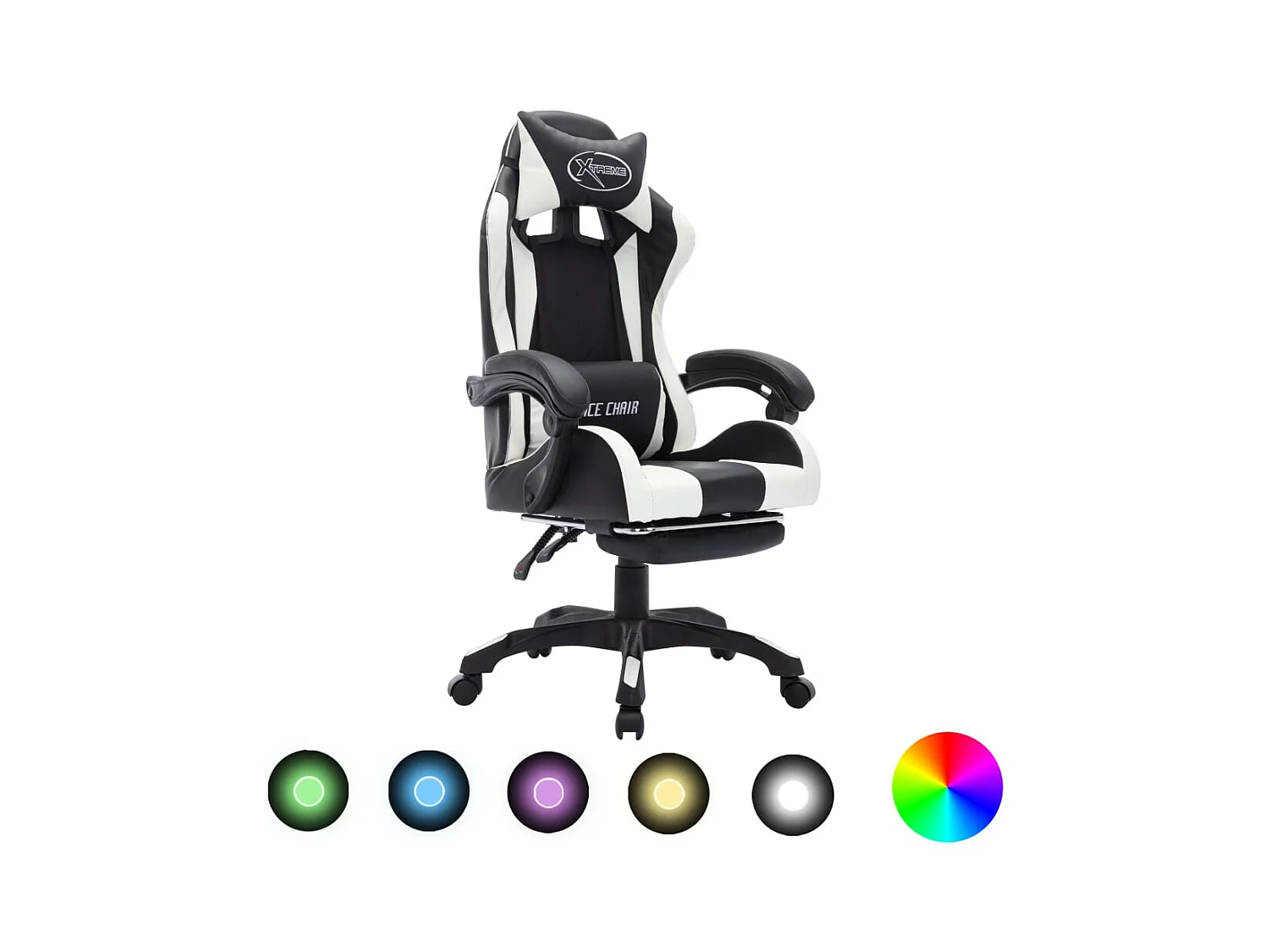 Silla gaming con luces LED RGB cuero sintético blanco y negro