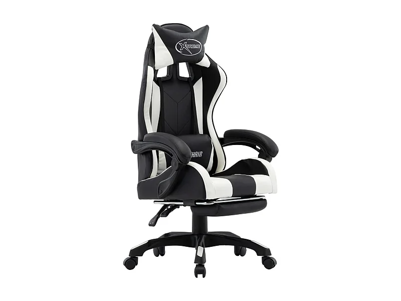 Fauteuil de jeux vidéo et repose-pied Blanc et noir Similicuir