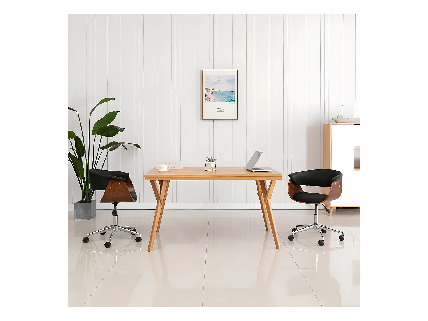Chaise pivotante de bureau Noir Bois courbé et similicuir