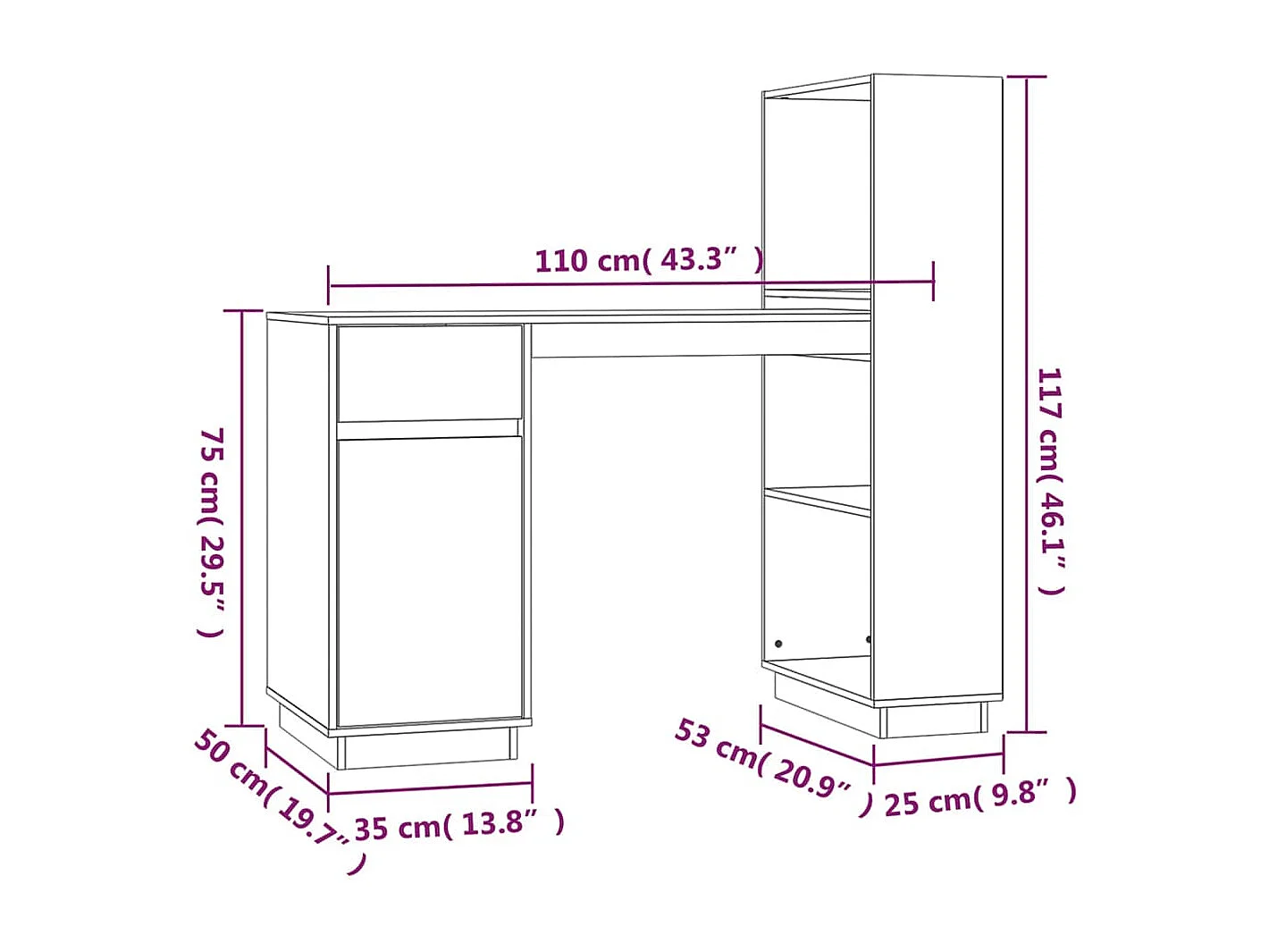 Bureau Noir 110x53x117 cm Bois massif de pin