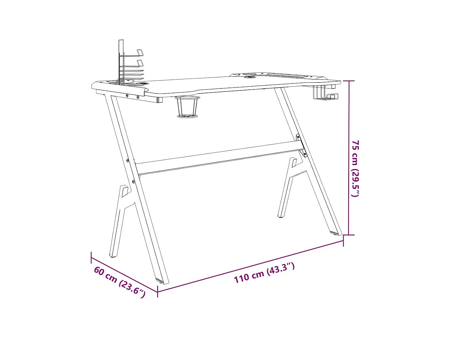 Bureau de jeu à LED en forme de Y noir 110x60x75 cm