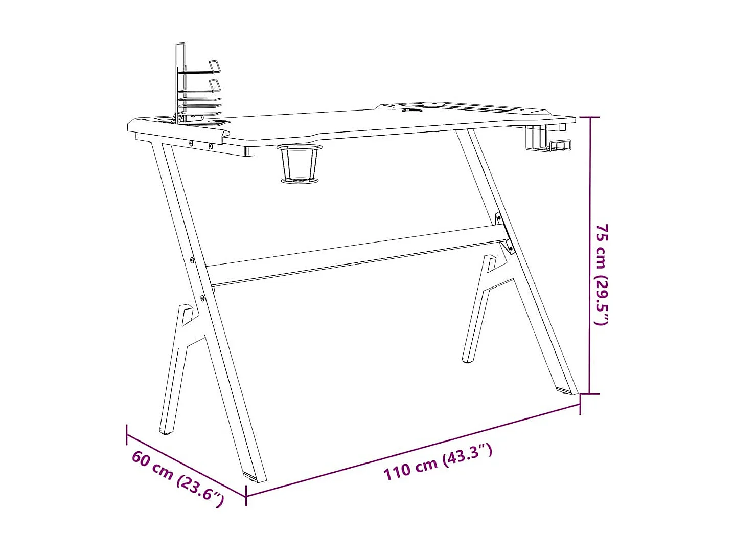Secretária de gaming c/ luzes LED forma de Y 110x60x75 cm preto