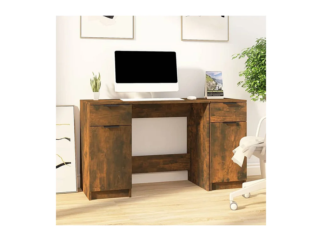 Bureau met bijzetkast bewerkt hout gerookt eikenkleurig