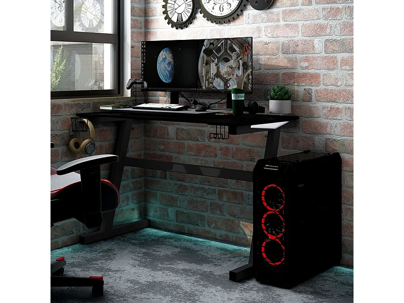 Secretária de gaming c/ luzes LED forma de Z 90x60x75 cm preto