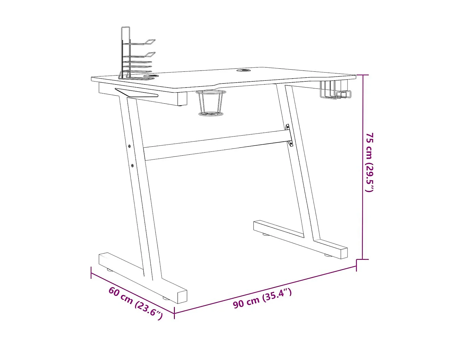 Gamingbureau met Z-vormige poten LED 90x60x75 cm zwart