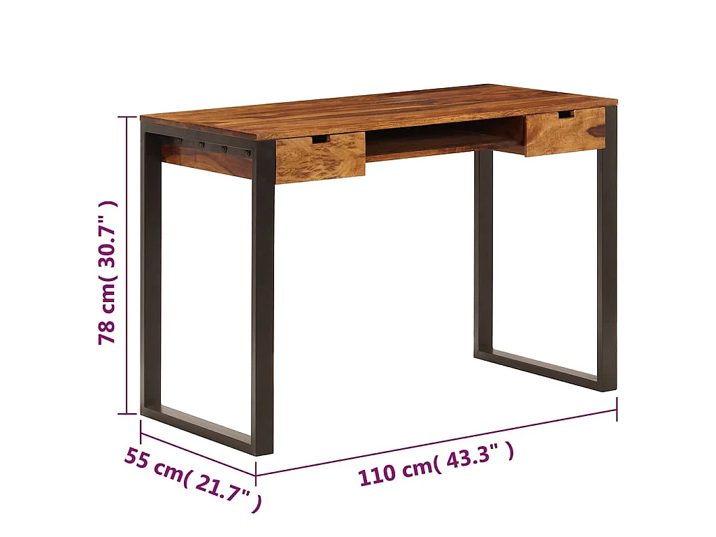 Bureau 110x55x78 cm Bois solide de Sesham Acier