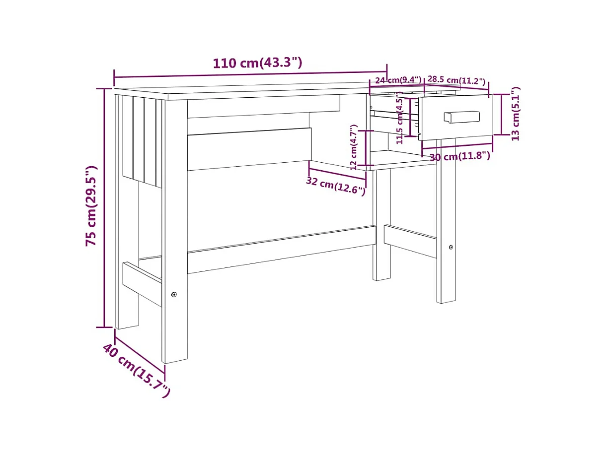 Bureau HAMAR 110x40x75 cm massief grenenhout lichtgrijs