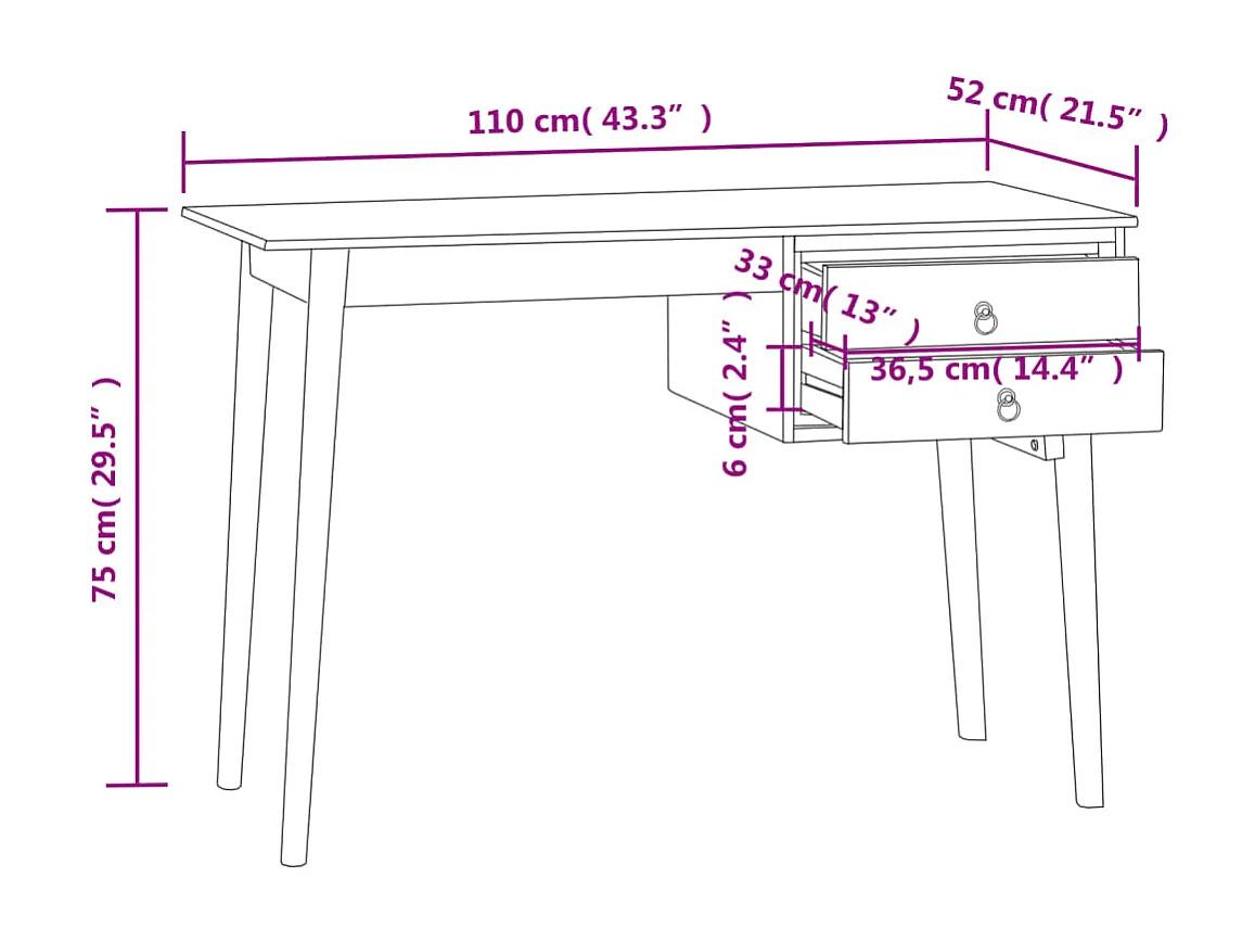 Secretária com 2 gavetas 110x52x75 cm madeira de teca maciça