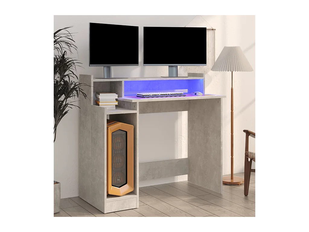 Bureau et lumières LED Gris béton 97x45x90 cm Bois d'ingénierie