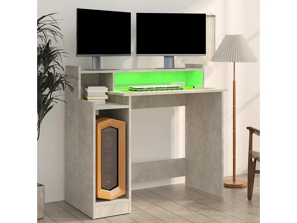 Bureau et lumières LED Gris béton 97x45x90 cm Bois d'ingénierie