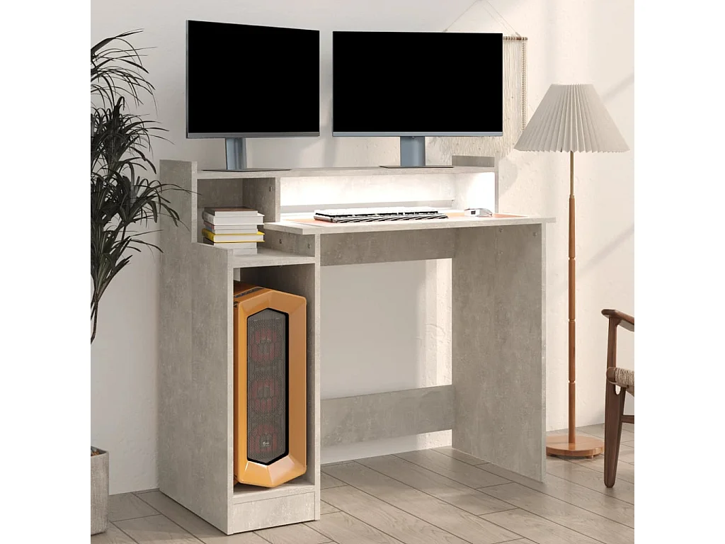 Bureau et lumières LED Gris béton 97x45x90 cm Bois d'ingénierie