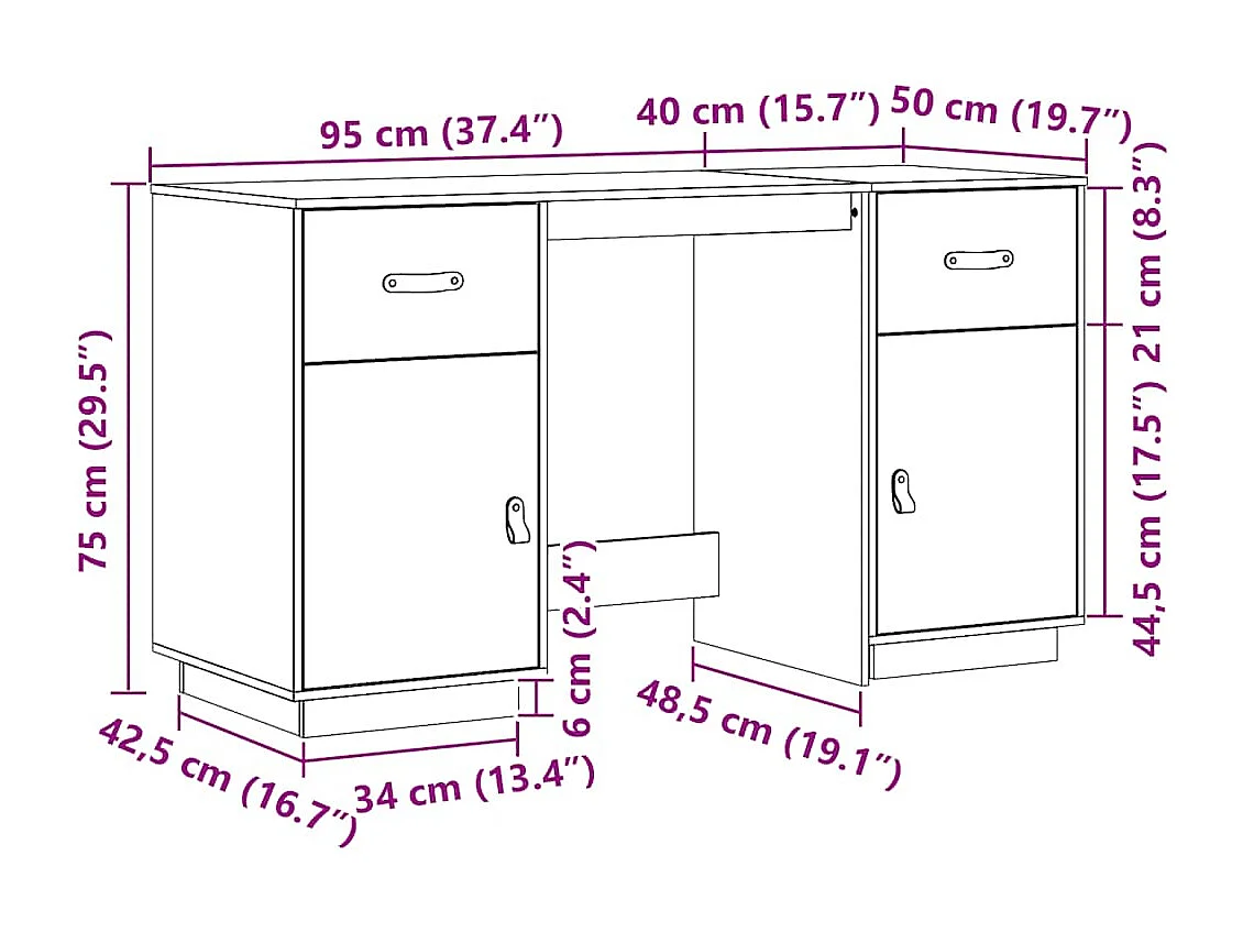 Bureau met kastjes 135x50x75 cm massief grenenhout wit