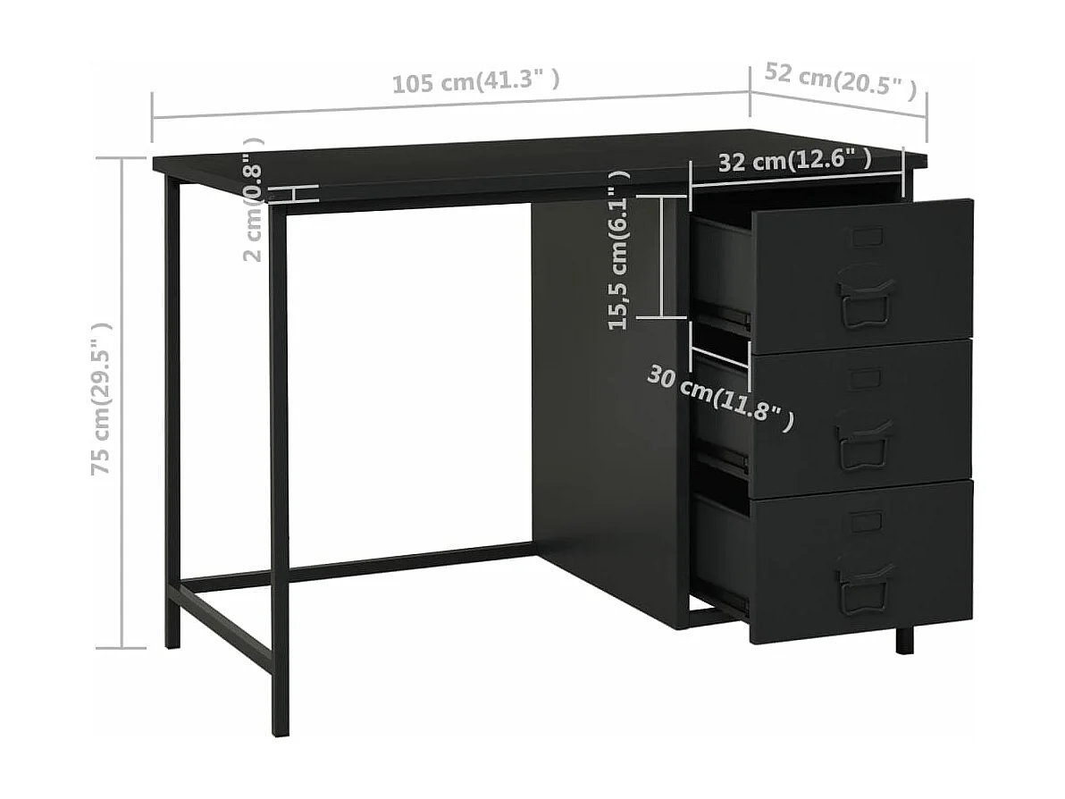 Bureau industriel avec tiroirs Noir 105x52x75 cm Acier