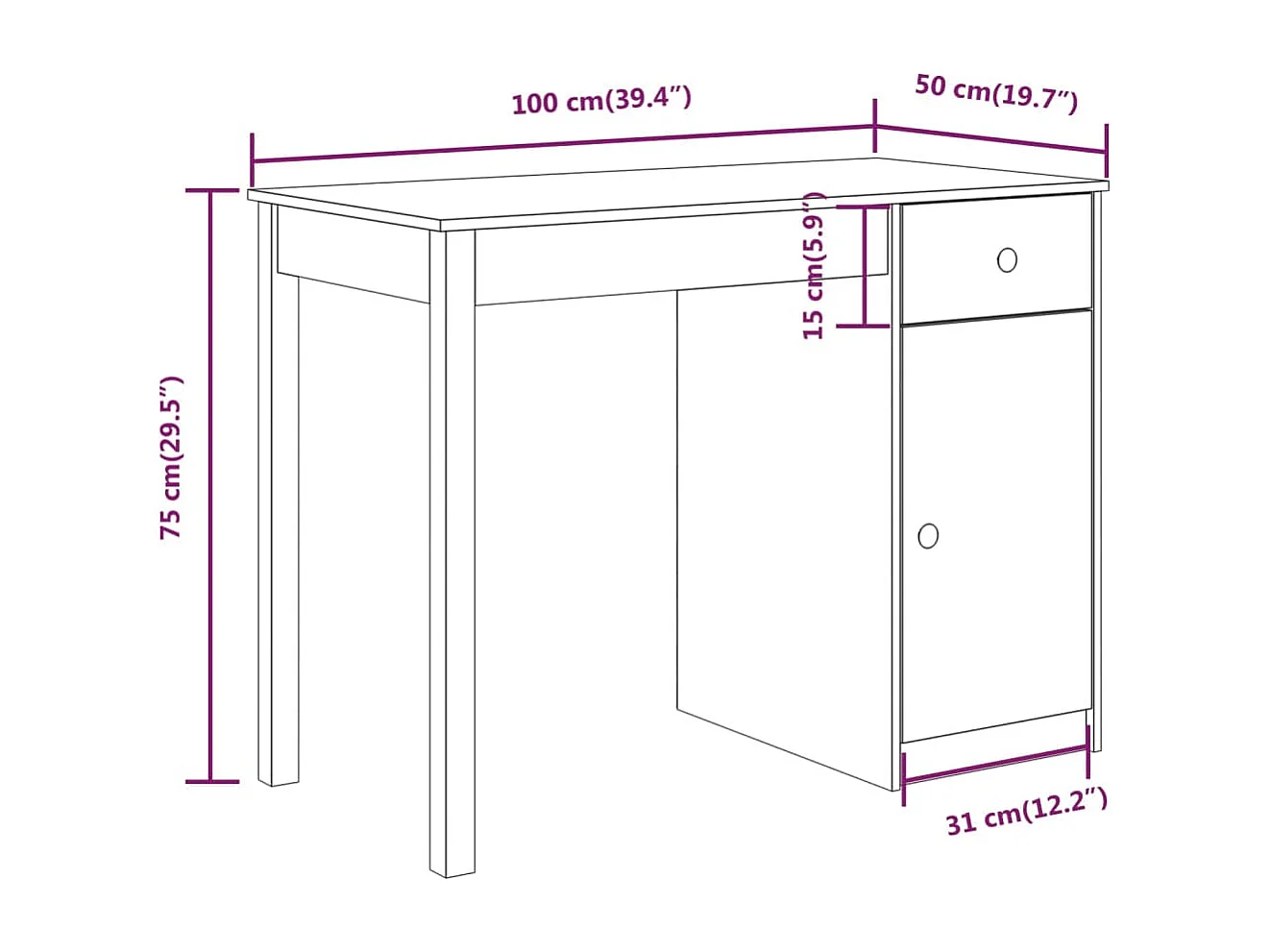 Bureau 100x50x75 cm massief grenenhout wit
