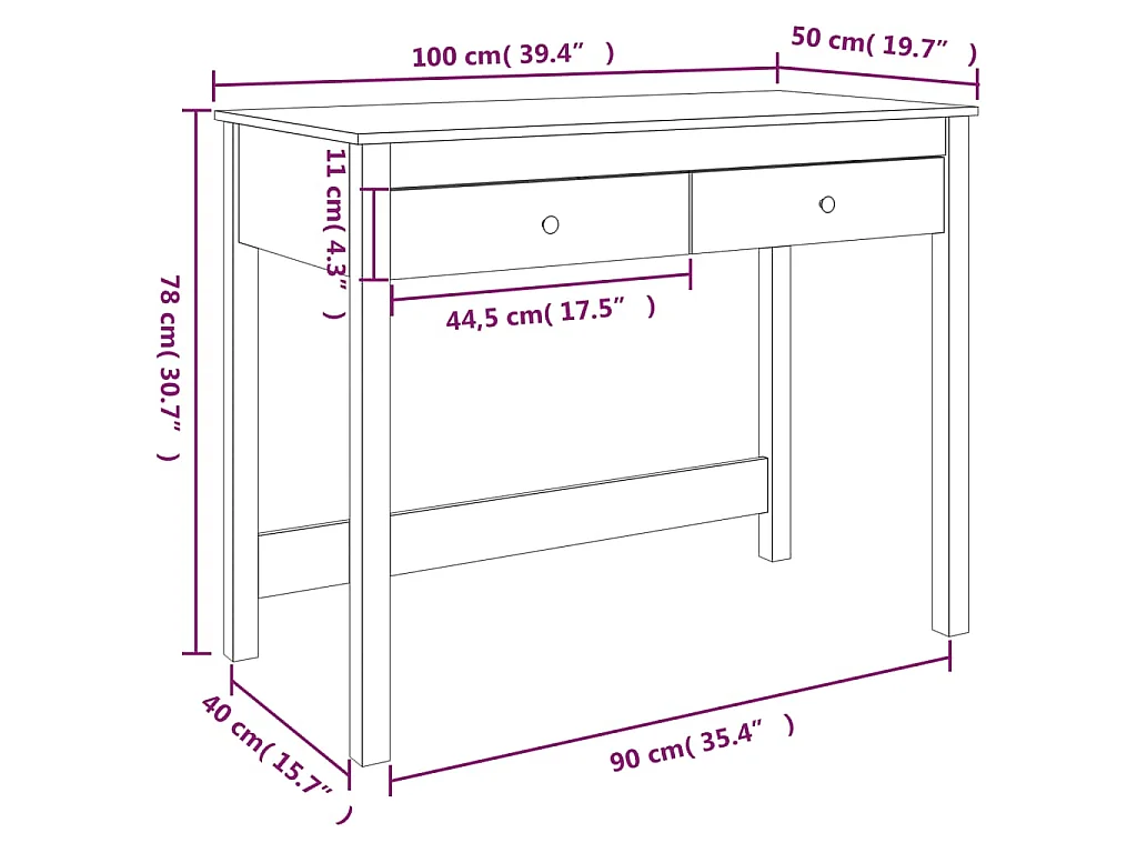 Bureau met lades 100x50x78 cm massief grenenhout wit