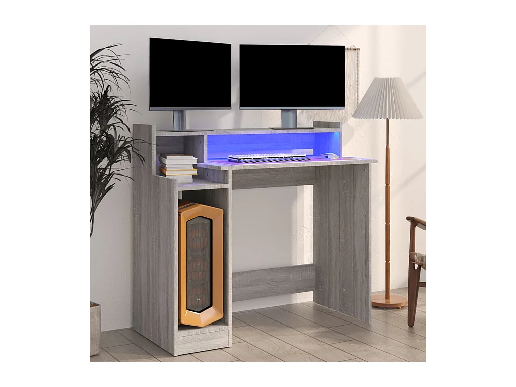 Bureau et lumières LED Sonoma gris 97x45x90cm Bois d'ingénierie