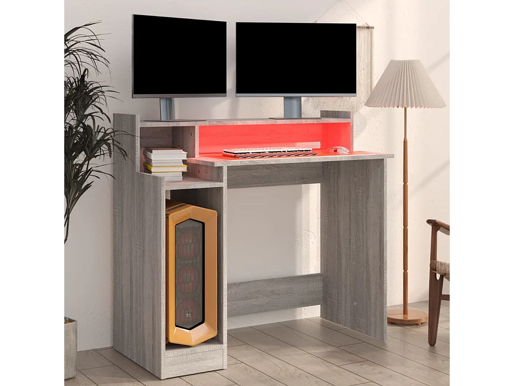 Escritorio con LED madera contrachapada gris sonoma 97x45x90 cm