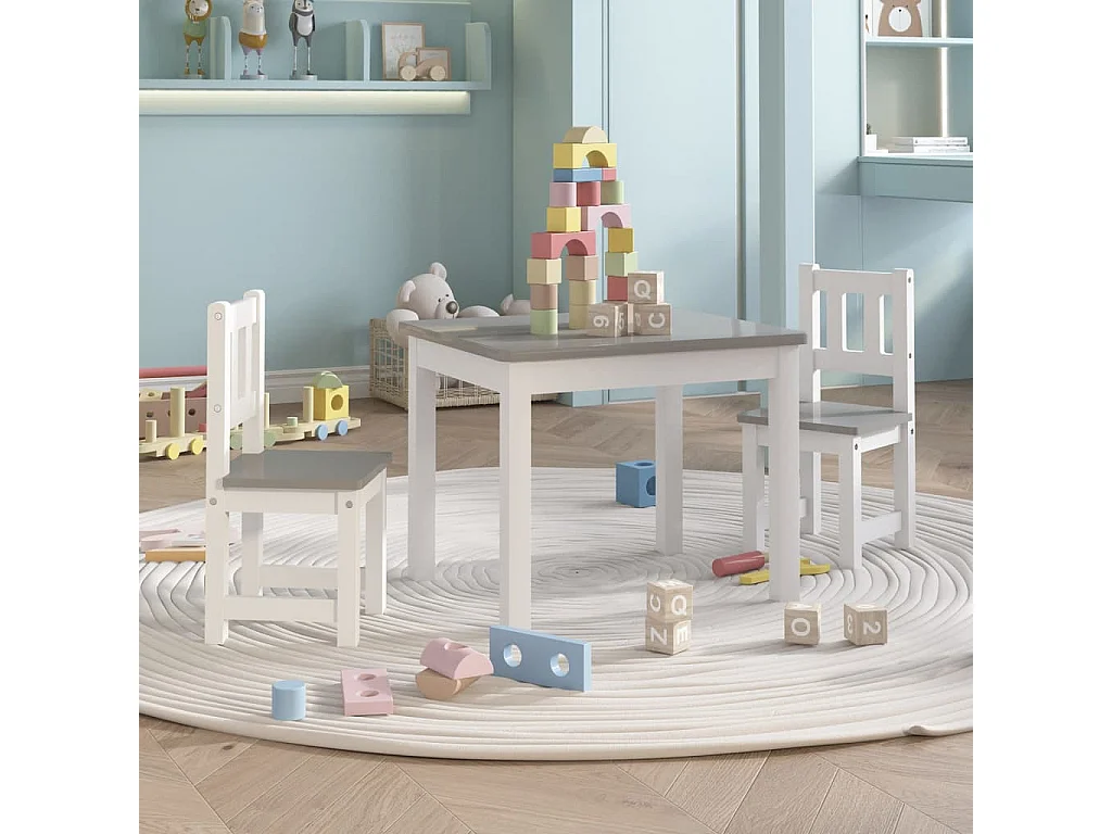 Ensemble de table et chaises enfants 3 pcs Blanc et gris MDF
