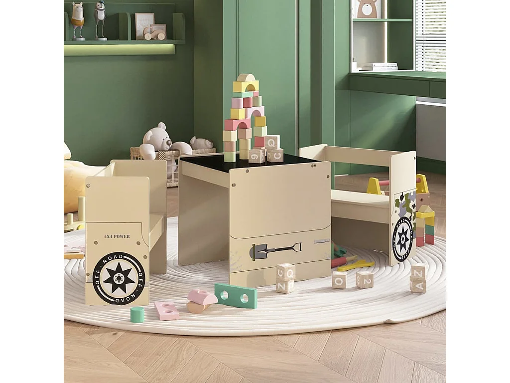 3-tlg. Kindertisch und Stuhl Set Geländewagen-Design MDF