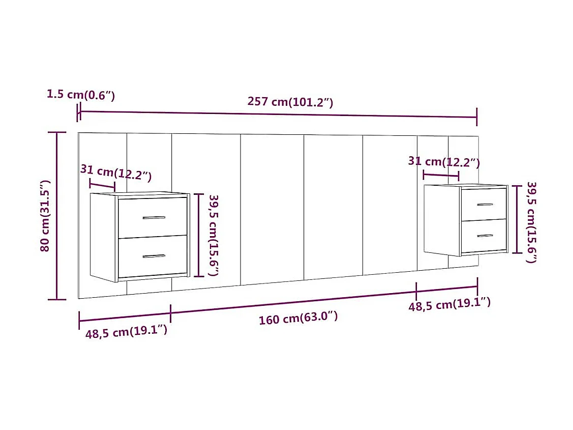 Hoofdbord met kastjes bewerkt hout betongrijs