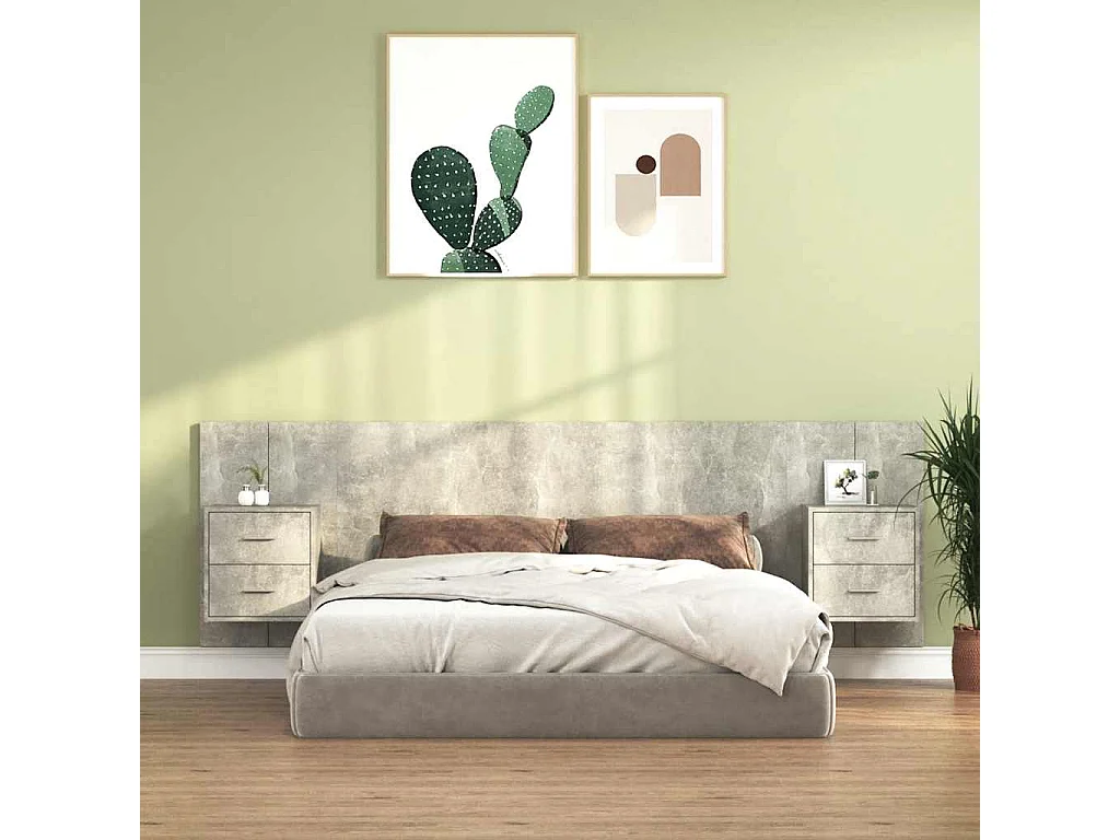 Testiera Letto con Comodini in Legno Multistrato Grigio Cemento