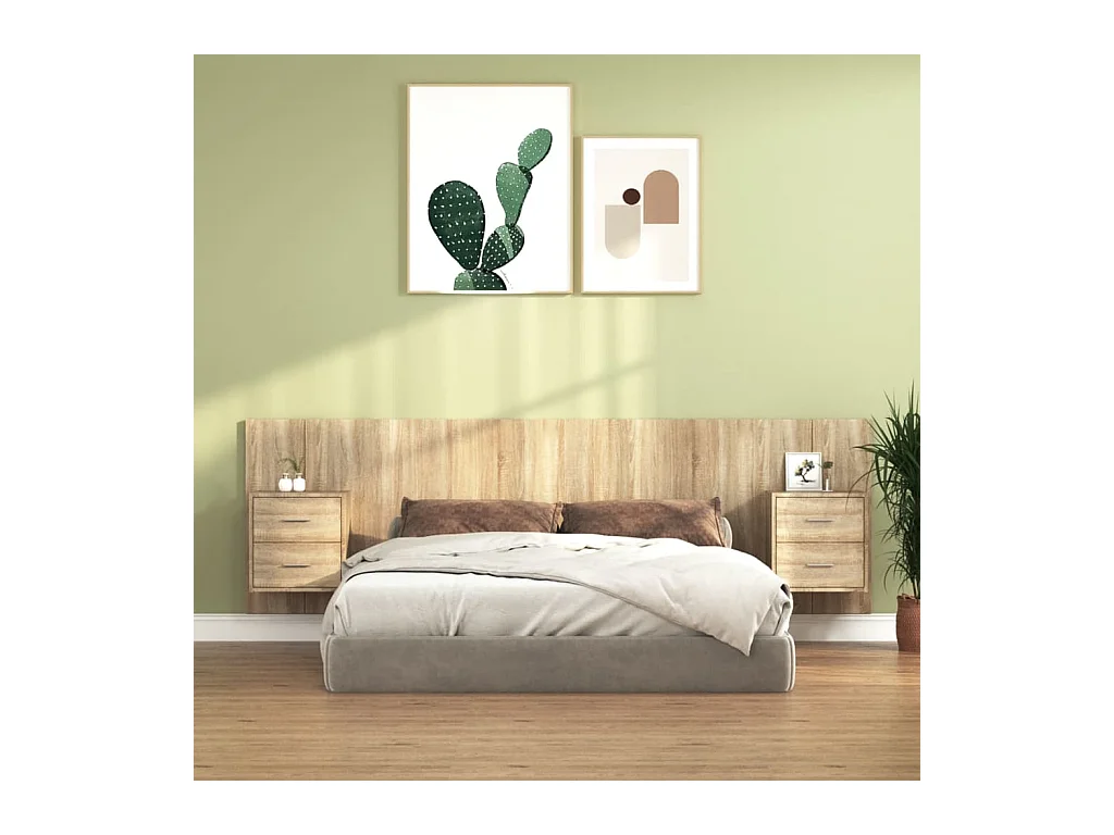 Testiera Letto con Comodini in Legno Multistrato Rovere Sonoma