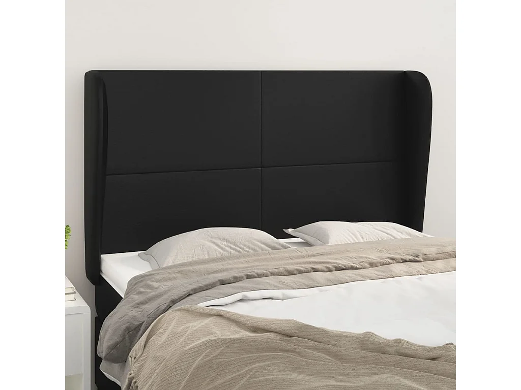 Cabecero con orejas de cuero sintético negro 147x23x118/128 cm